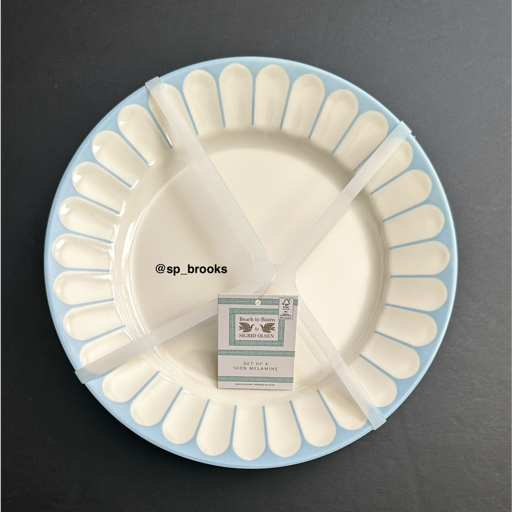🎁4PC SIGRID OLSEN Melamine Plates - 4 Salad with Rim Ridges - Blue & Ivory